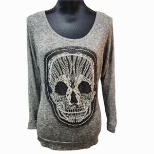 CHARLOTTE RUSSE Lace Skull Fine Knit Grey Heather Sweater Stretch Tunic Top (M)